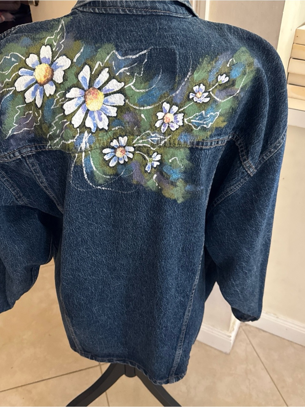 Levi's Blue Denim Jacket with Hand-Painted Floral Design